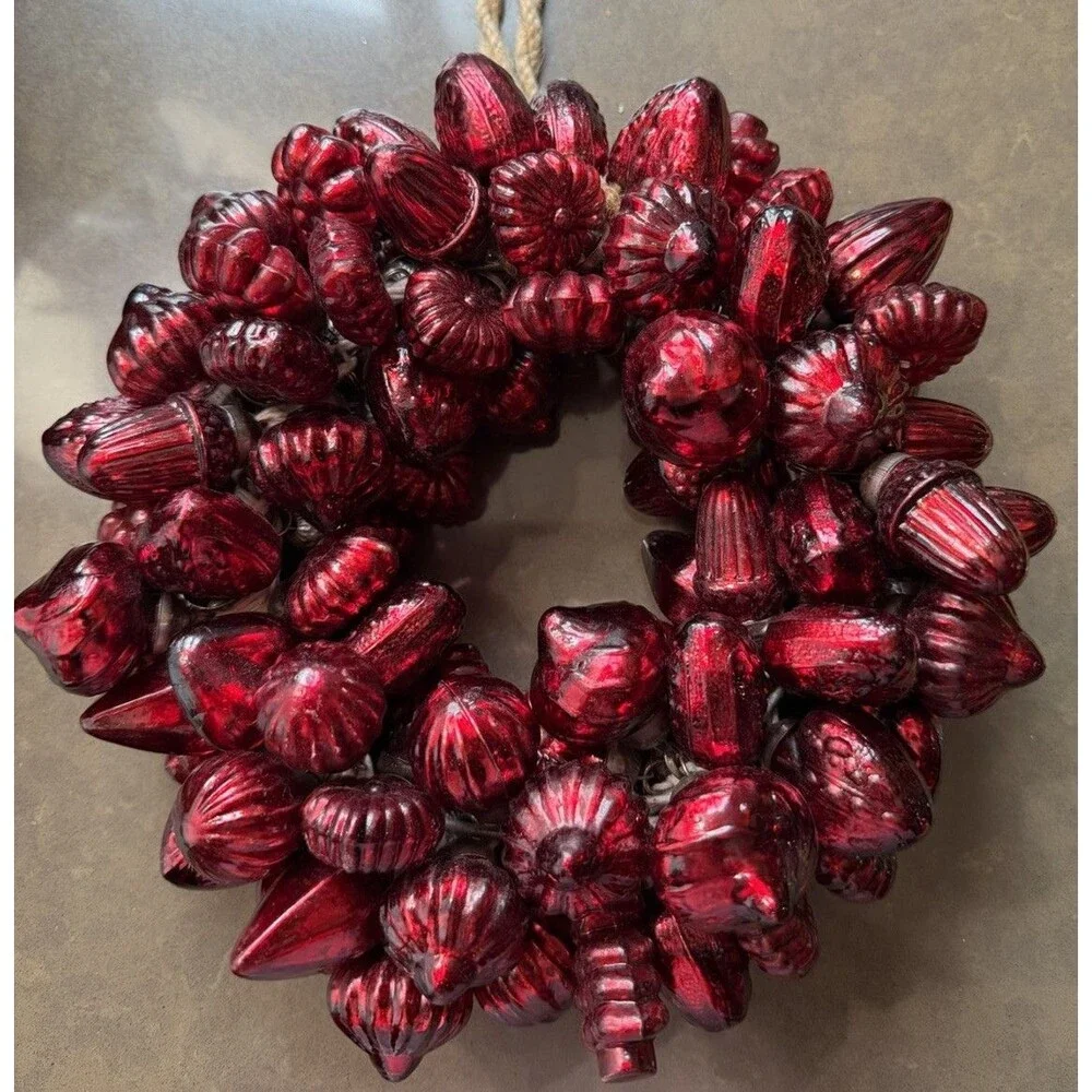 Vtg Style Red Mercury Glass Rustic Kugel Valentines Xmas Cluster Wreath Ornament